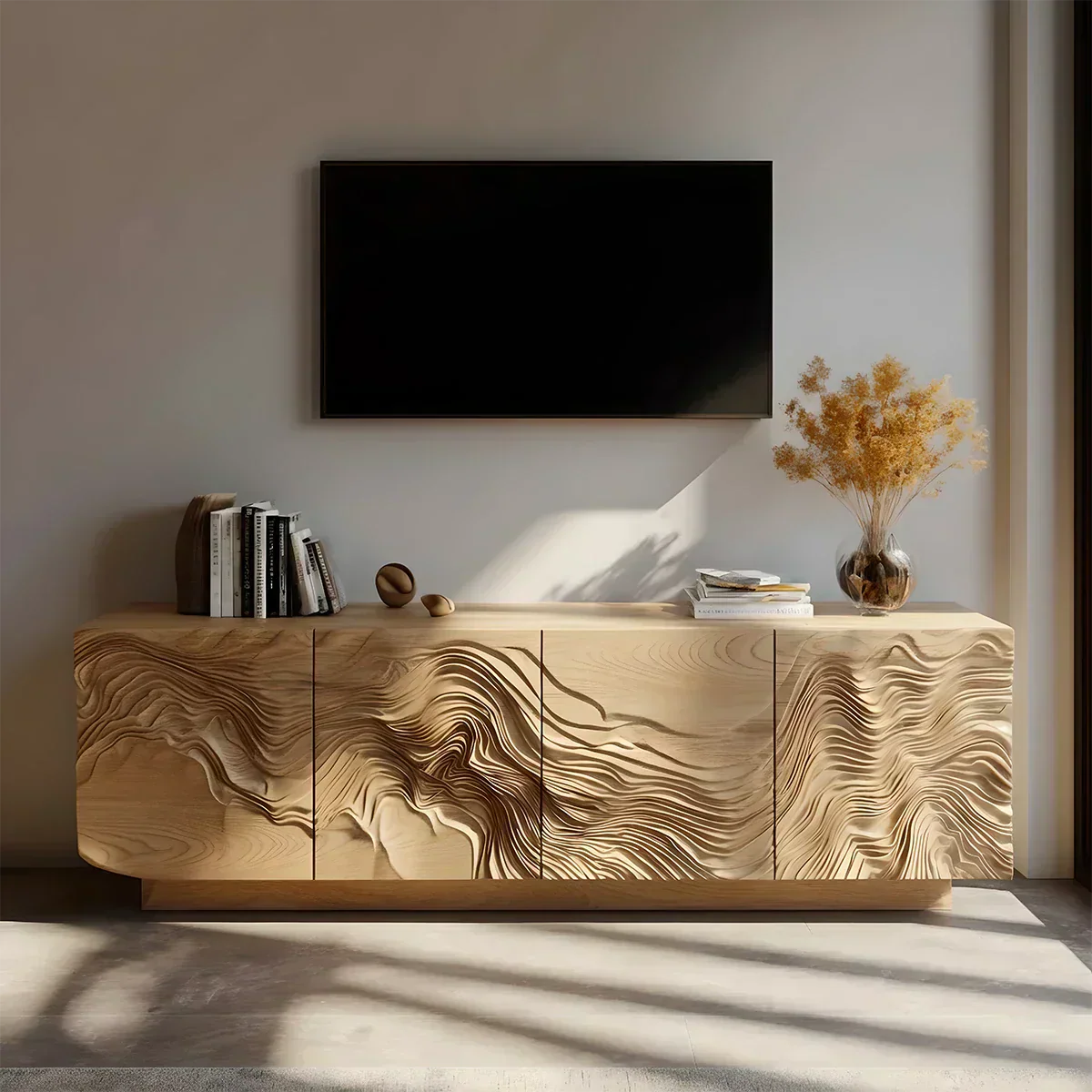 Sculpted Solid Wood TV Stand – Organic Wave Texture Media Console - Rustiracraft