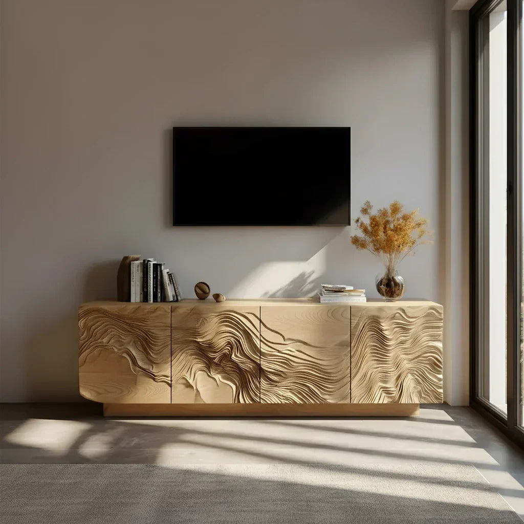 Sculpted Solid Wood TV Stand – Organic Wave Texture Media Console - Rustiracraft