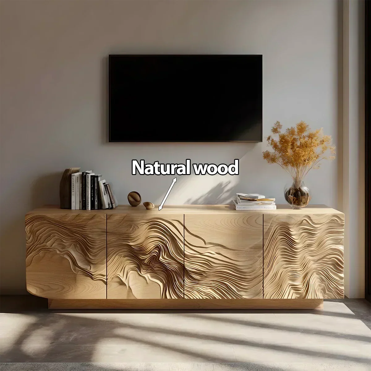 Sculpted Solid Wood TV Stand – Organic Wave Texture Media Console - Rustiracraft
