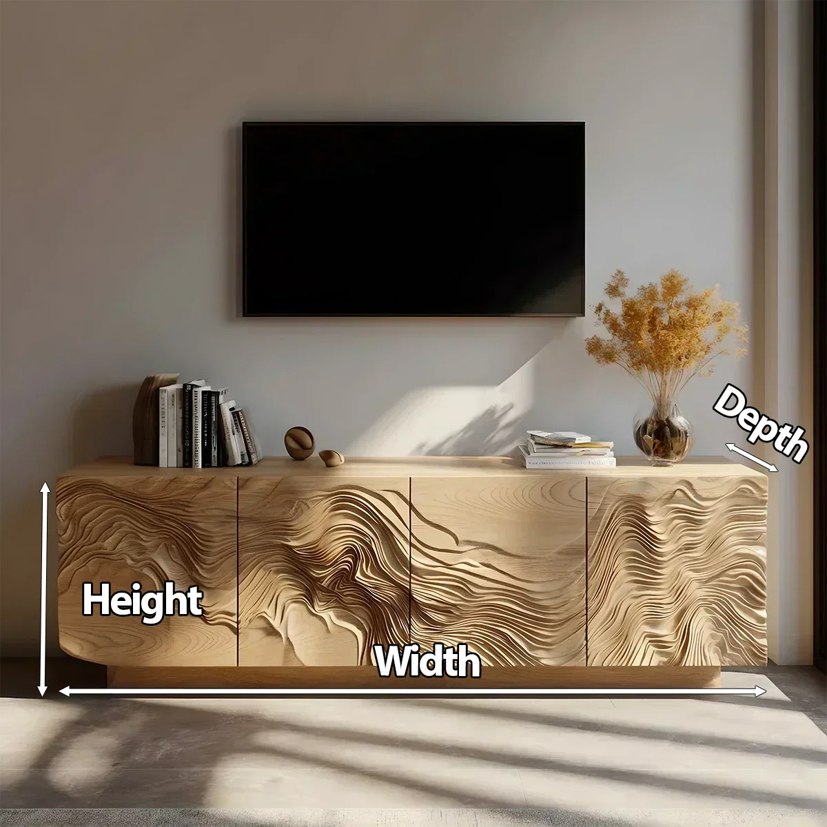Sculpted Solid Wood TV Stand – Organic Wave Texture Media Console - Rustiracraft