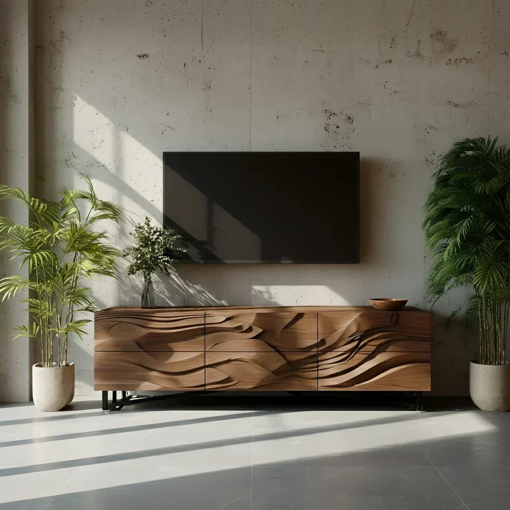 Sculpted Walnut TV Stand – Fluid Organic Modern Media Console - Rustiracraft