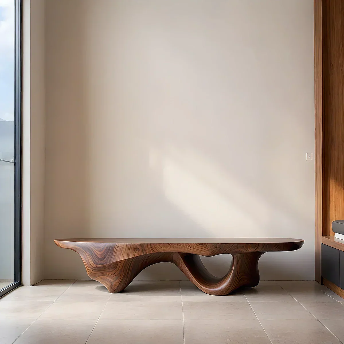 Sculptural Fluid-Form Solid Wood Bench – Modern Organic Art Piece - Rustiracraft