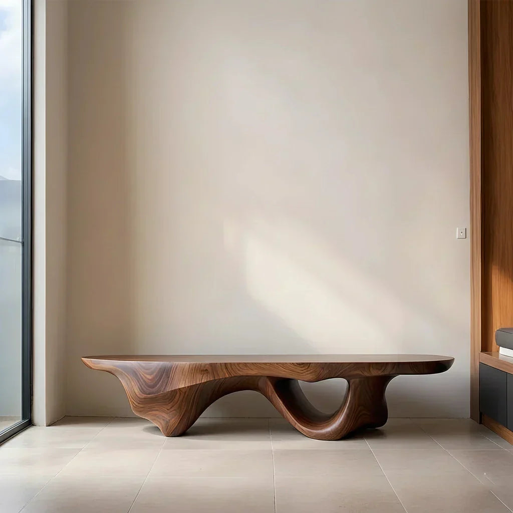 Sculptural Fluid-Form Solid Wood Bench – Modern Organic Art Piece - Rustiracraft