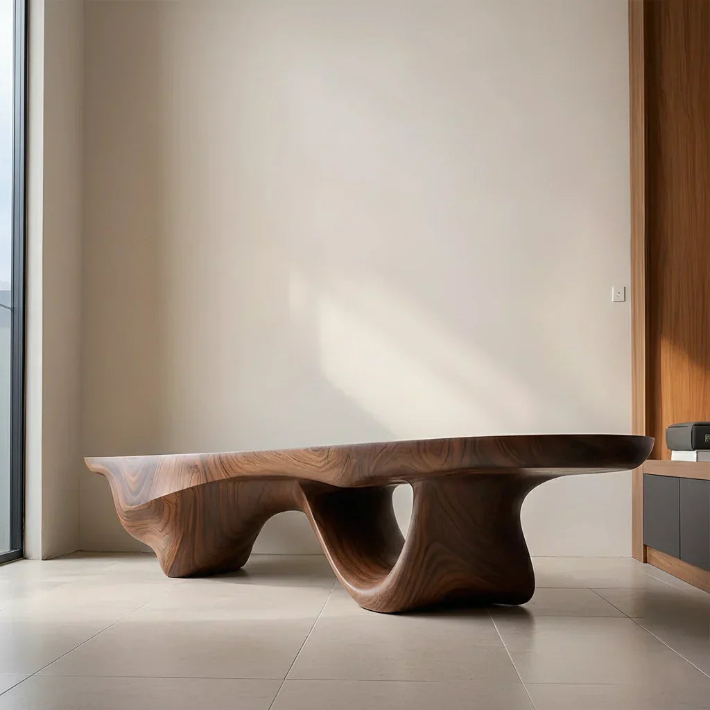 Sculptural Fluid-Form Solid Wood Bench – Modern Organic Art Piece - Rustiracraft