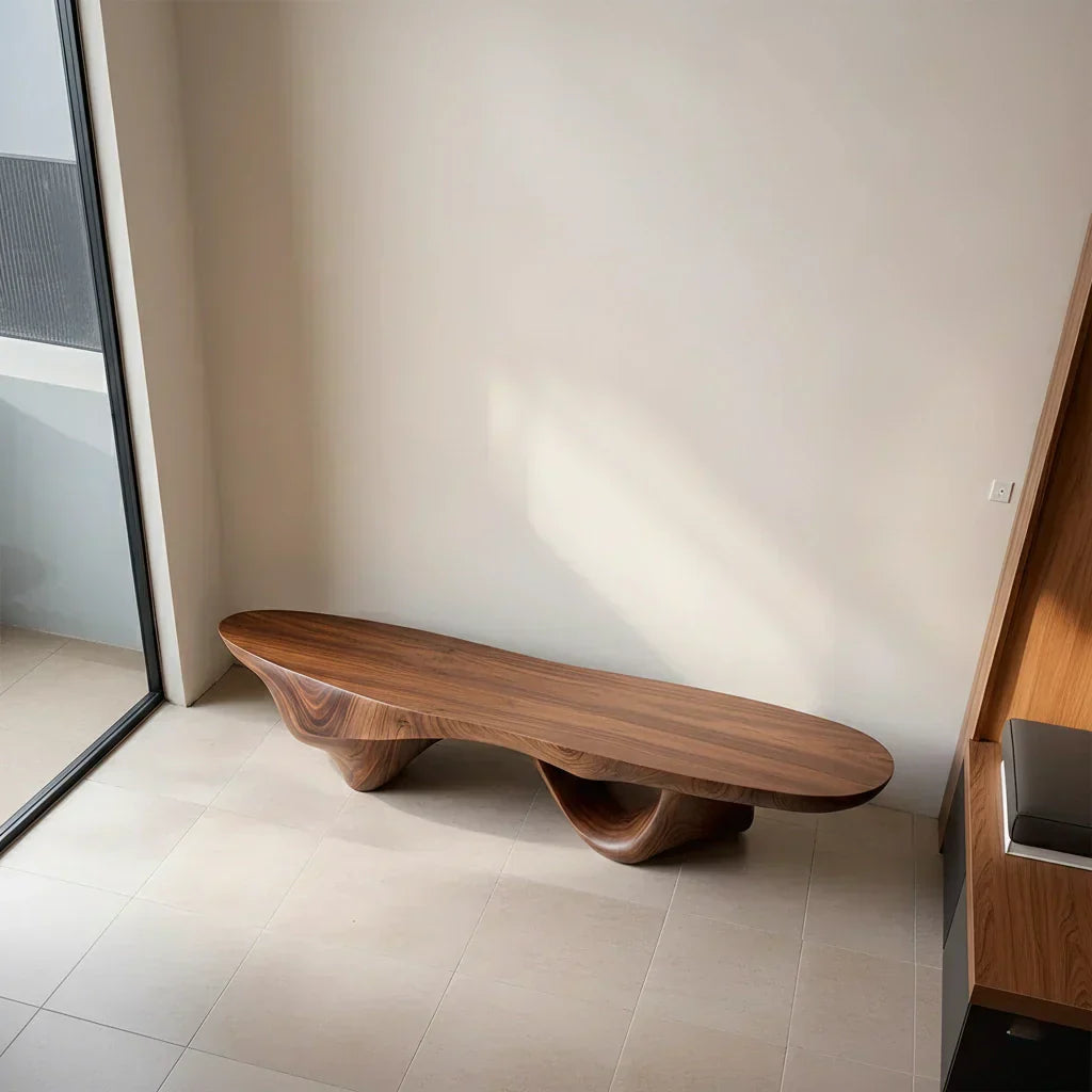 Sculptural Fluid-Form Solid Wood Bench – Modern Organic Art Piece - Rustiracraft