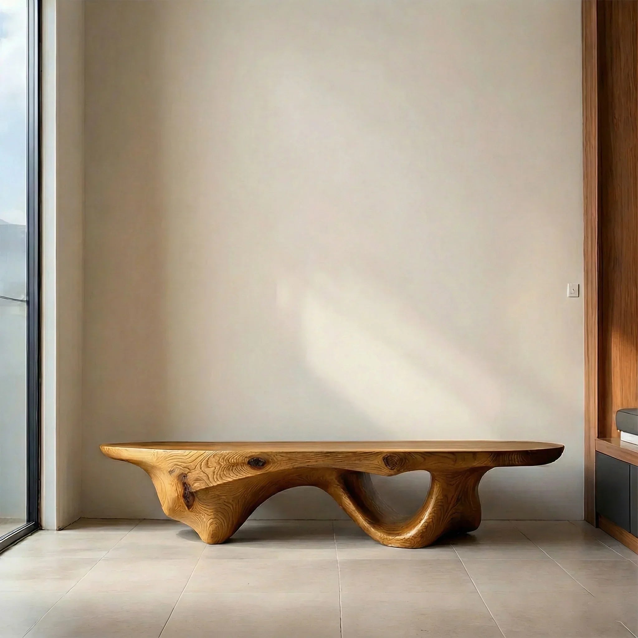Sculptural Fluid-Form Solid Wood Bench – Modern Organic Art Piece - Rustiracraft