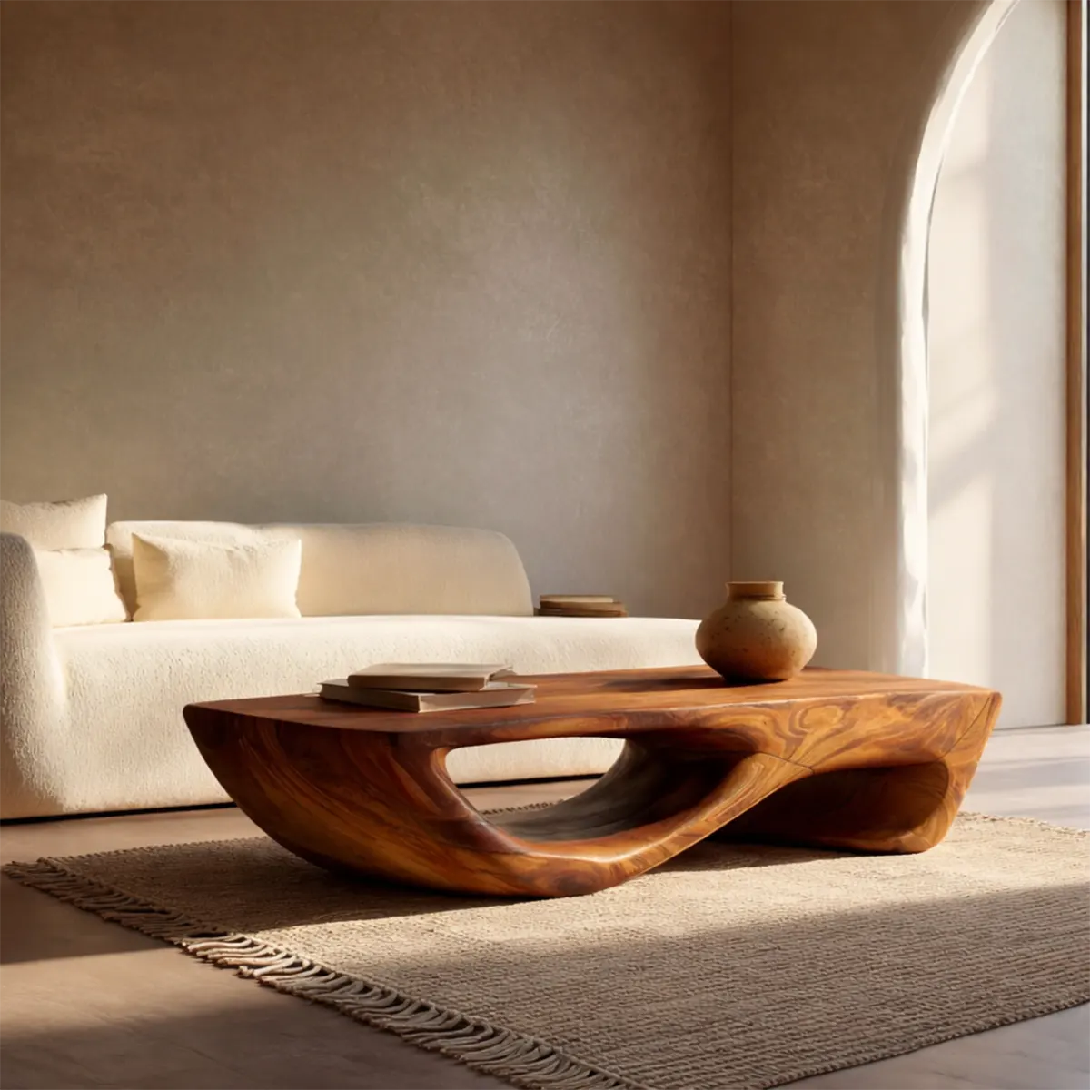 Sculptural Modern Coffee Table with Hollow Curve Base in Natural Solid Wood - Rustiracraft