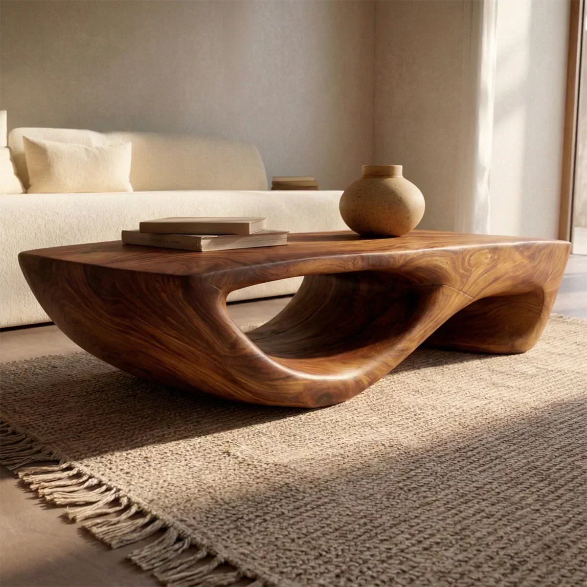 Sculptural Modern Coffee Table with Hollow Curve Base in Natural Solid Wood - Rustiracraft