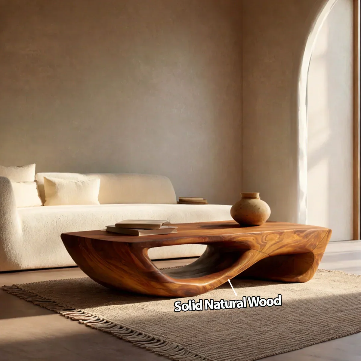 Sculptural Modern Coffee Table with Hollow Curve Base in Natural Solid Wood - Rustiracraft
