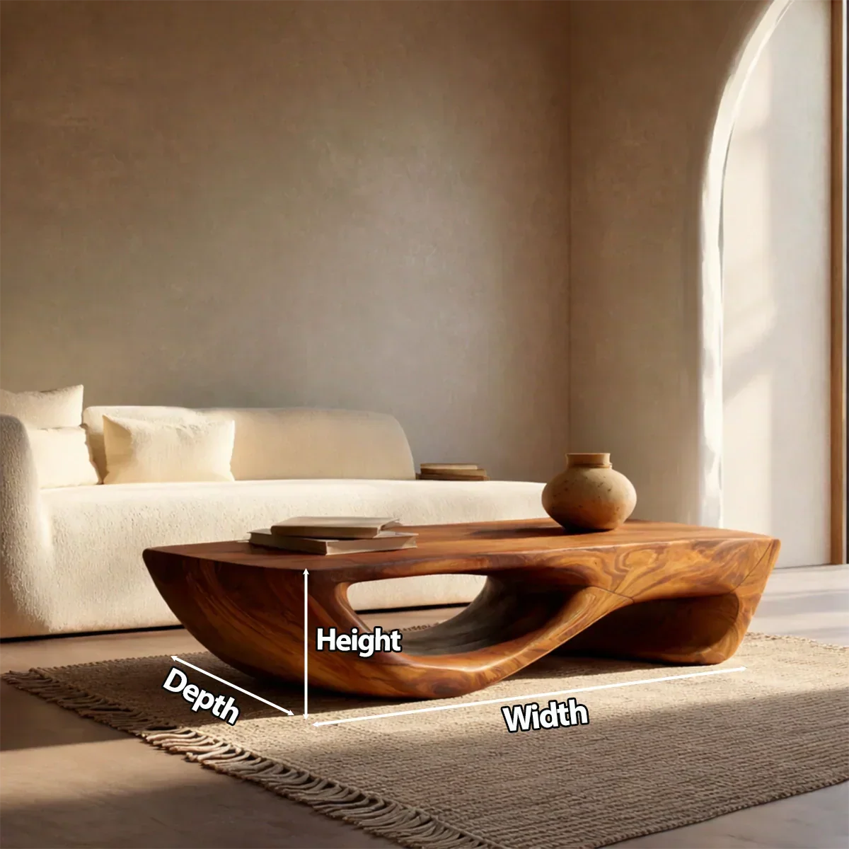 Sculptural Modern Coffee Table with Hollow Curve Base in Natural Solid Wood - Rustiracraft