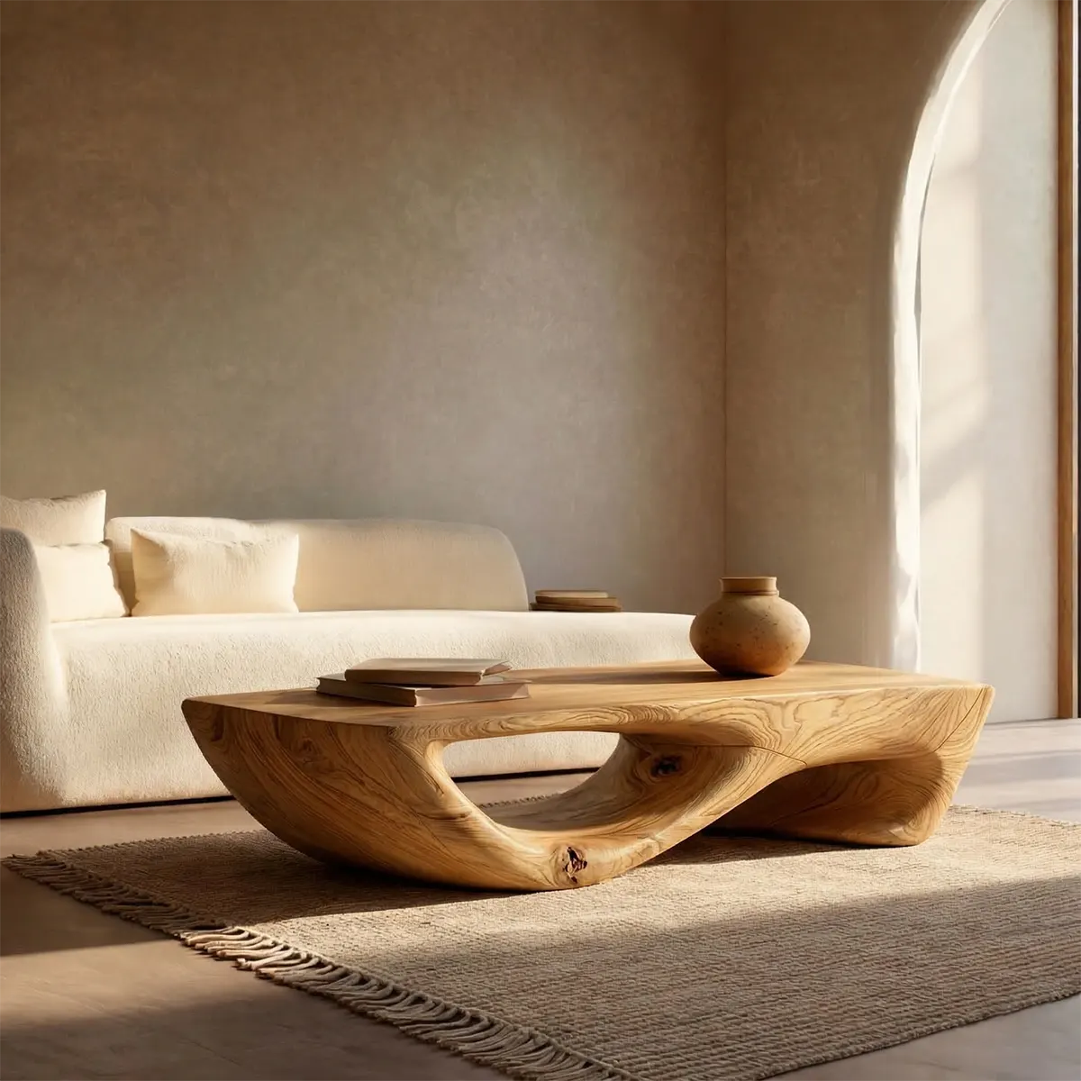 Sculptural Modern Coffee Table with Hollow Curve Base in Natural Solid Wood - Rustiracraft