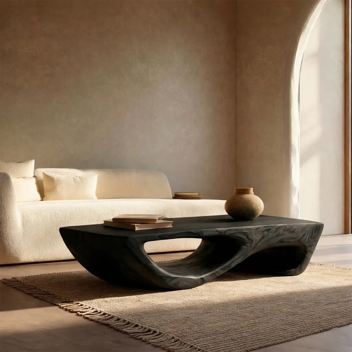 Sculptural Modern Coffee Table with Hollow Curve Base in Natural Solid Wood - Rustiracraft
