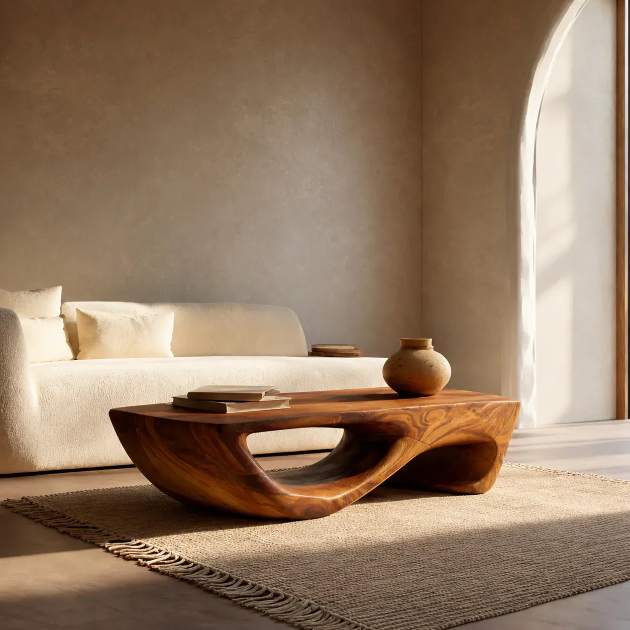 Sculptural Modern Coffee Table with Hollow Curve Base in Natural Solid Wood - Rustiracraft