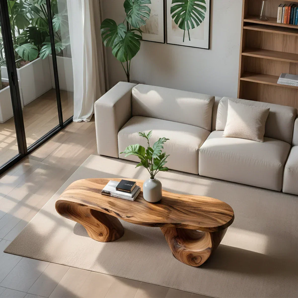 Sculptural Natural Solid Wood Coffee Table — Organic Curve Design - Rustiracraft