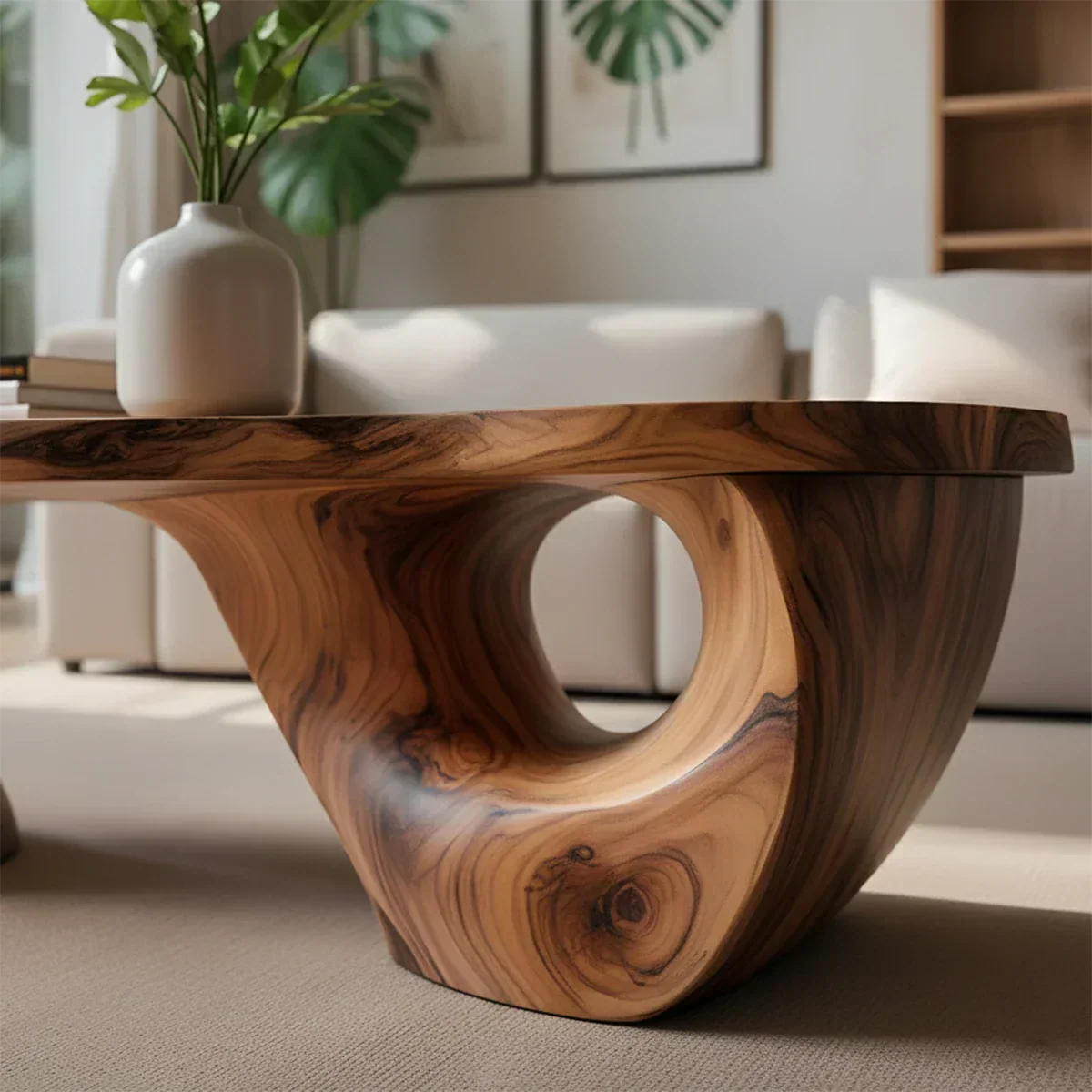 Sculptural Natural Solid Wood Coffee Table — Organic Curve Design - Rustiracraft
