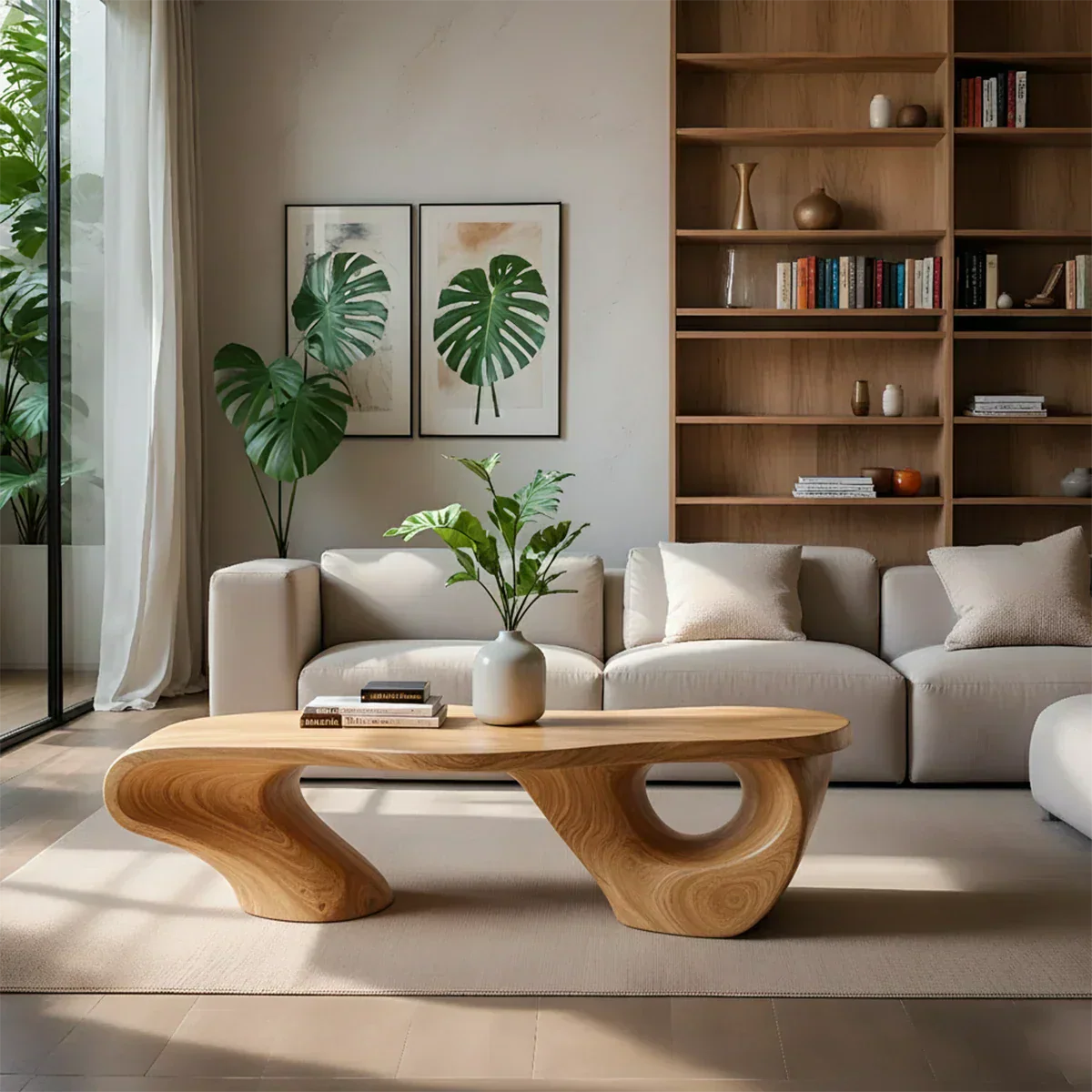 Sculptural Natural Solid Wood Coffee Table — Organic Curve Design - Rustiracraft