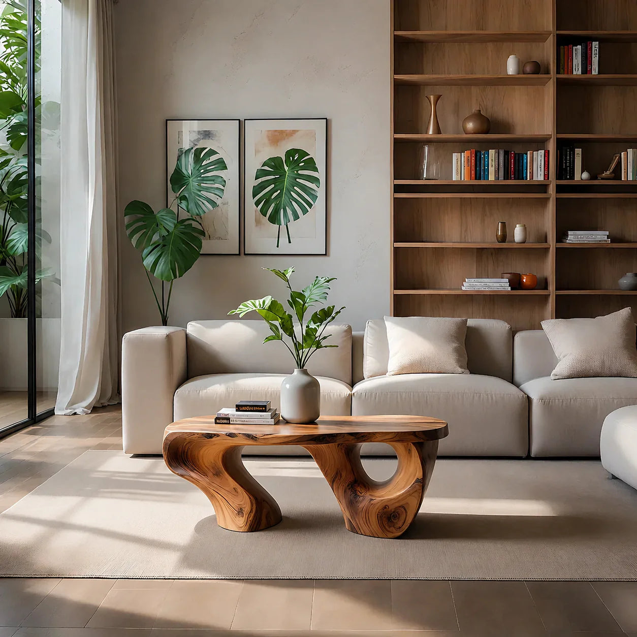 Sculptural Natural Solid Wood Coffee Table — Organic Curve Design - Rustiracraft