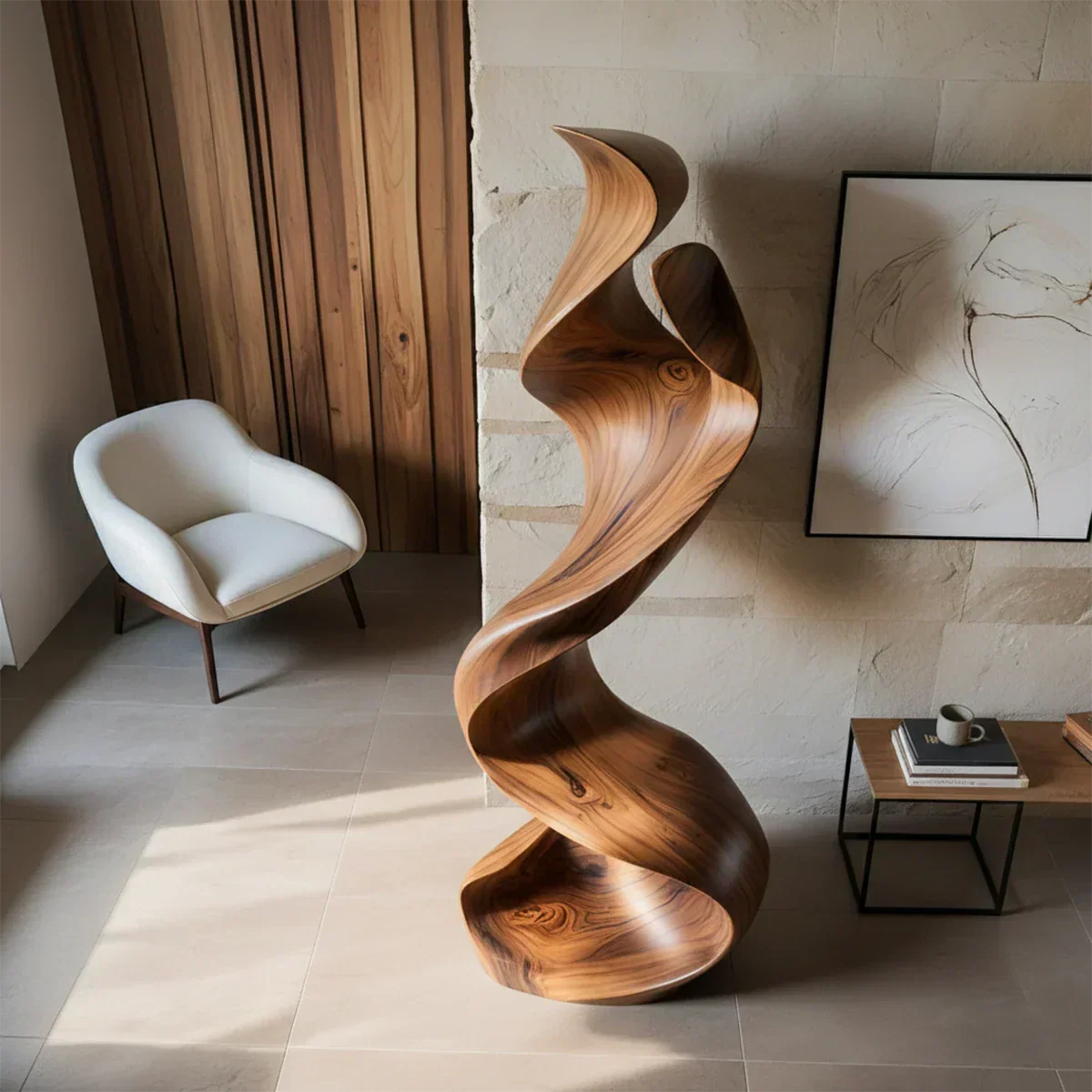 Sculptural Natural Solid Wood Floor Art — Handcarved Organic Twist Form - Rustiracraft