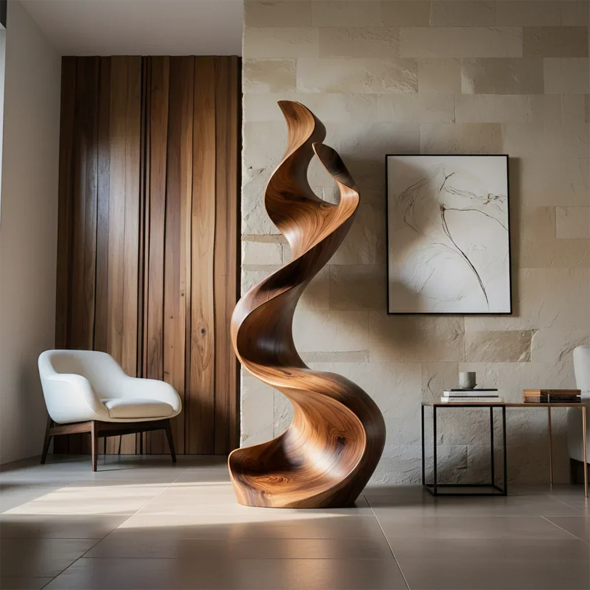 Sculptural Natural Solid Wood Floor Art — Handcarved Organic Twist Form - Rustiracraft