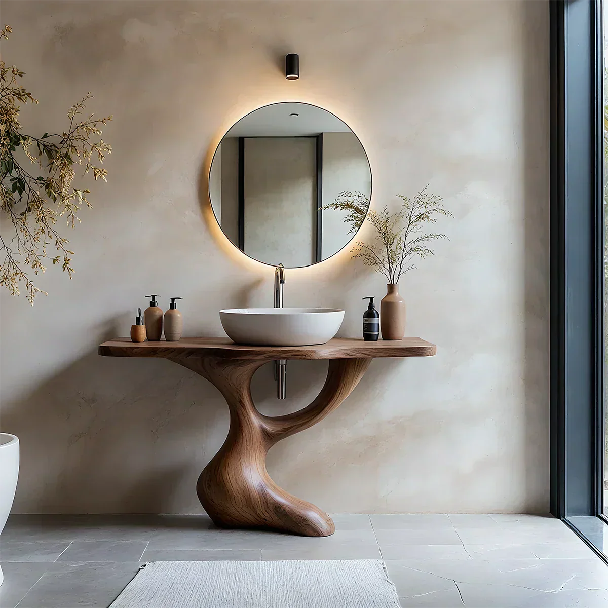 Sculptural Pedestal Wood Vanity – Organic Modern Bathroom Sink Table - Rustiracraft