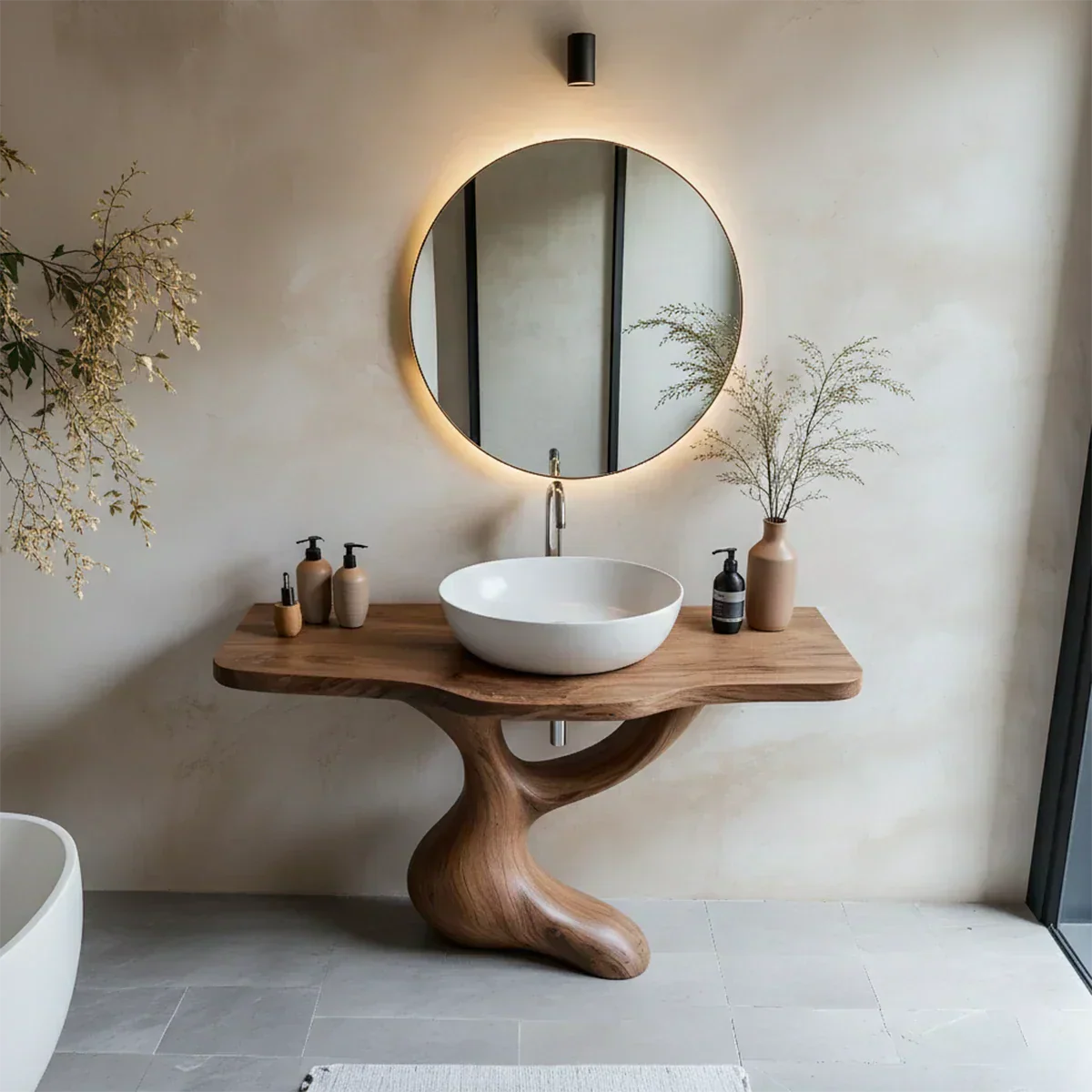 Sculptural Pedestal Wood Vanity – Organic Modern Bathroom Sink Table - Rustiracraft