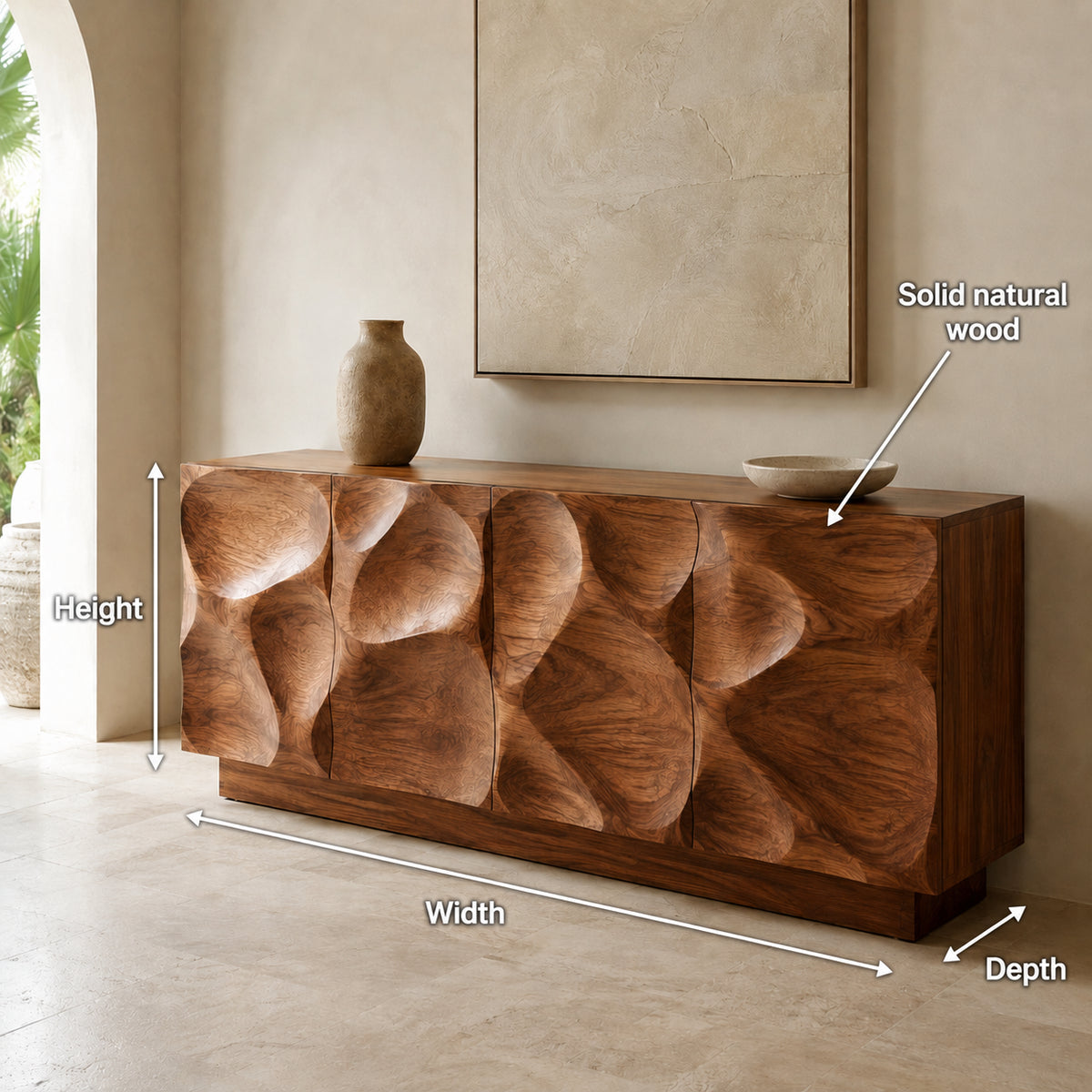 Sculptural Sideboard with Curved Cabinet Doors in Natural Solid Wood - Rustiracraft