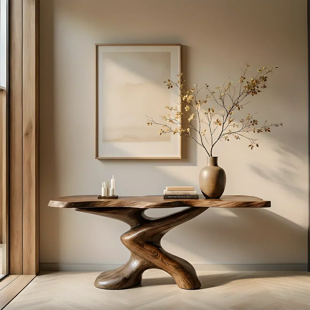 Sculptural Solid Wood Console Table — Organic Japandi Entryway Art Piece - Rustiracraft