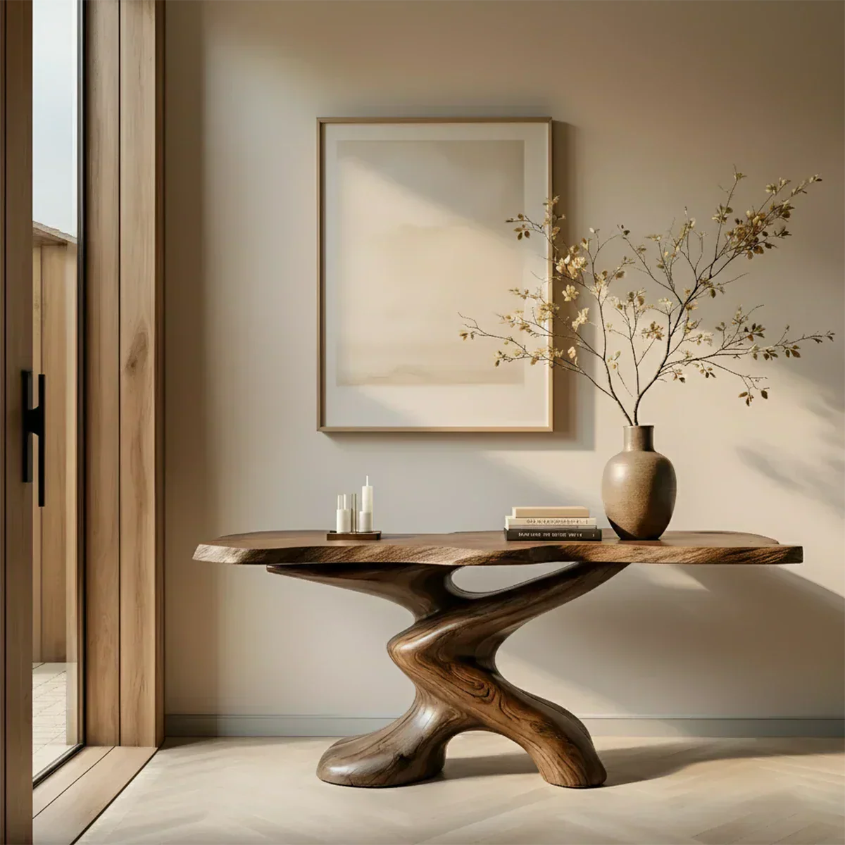 Sculptural Solid Wood Console Table — Organic Japandi Entryway Art Piece - Rustiracraft