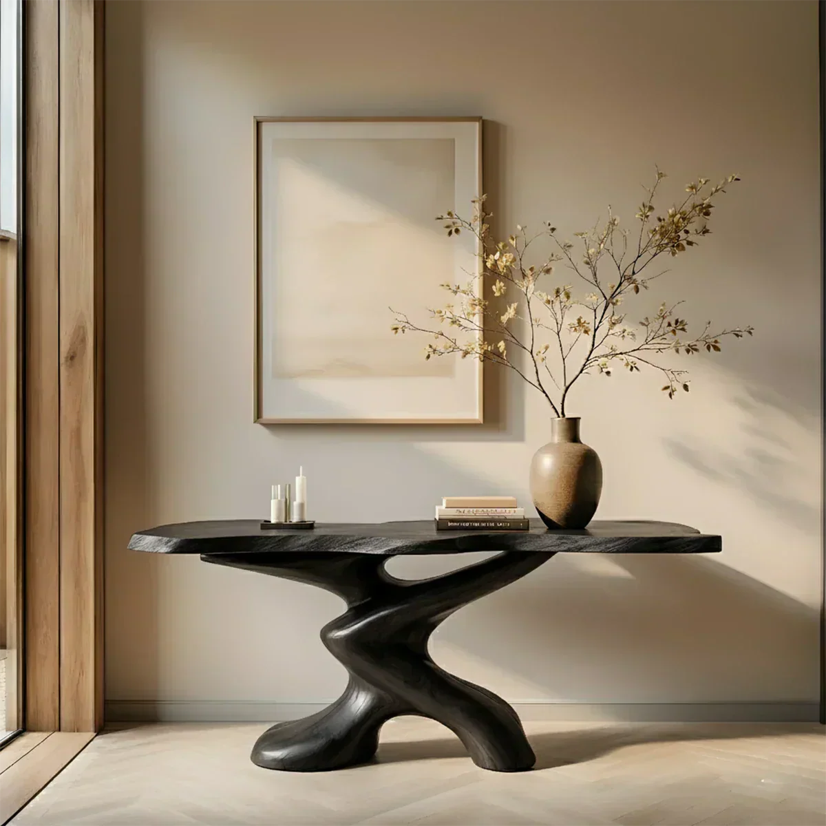 Sculptural Solid Wood Console Table — Organic Japandi Entryway Art Piece - Rustiracraft