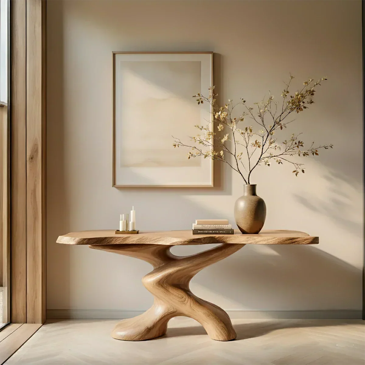Sculptural Solid Wood Console Table — Organic Japandi Entryway Art Piece - Rustiracraft