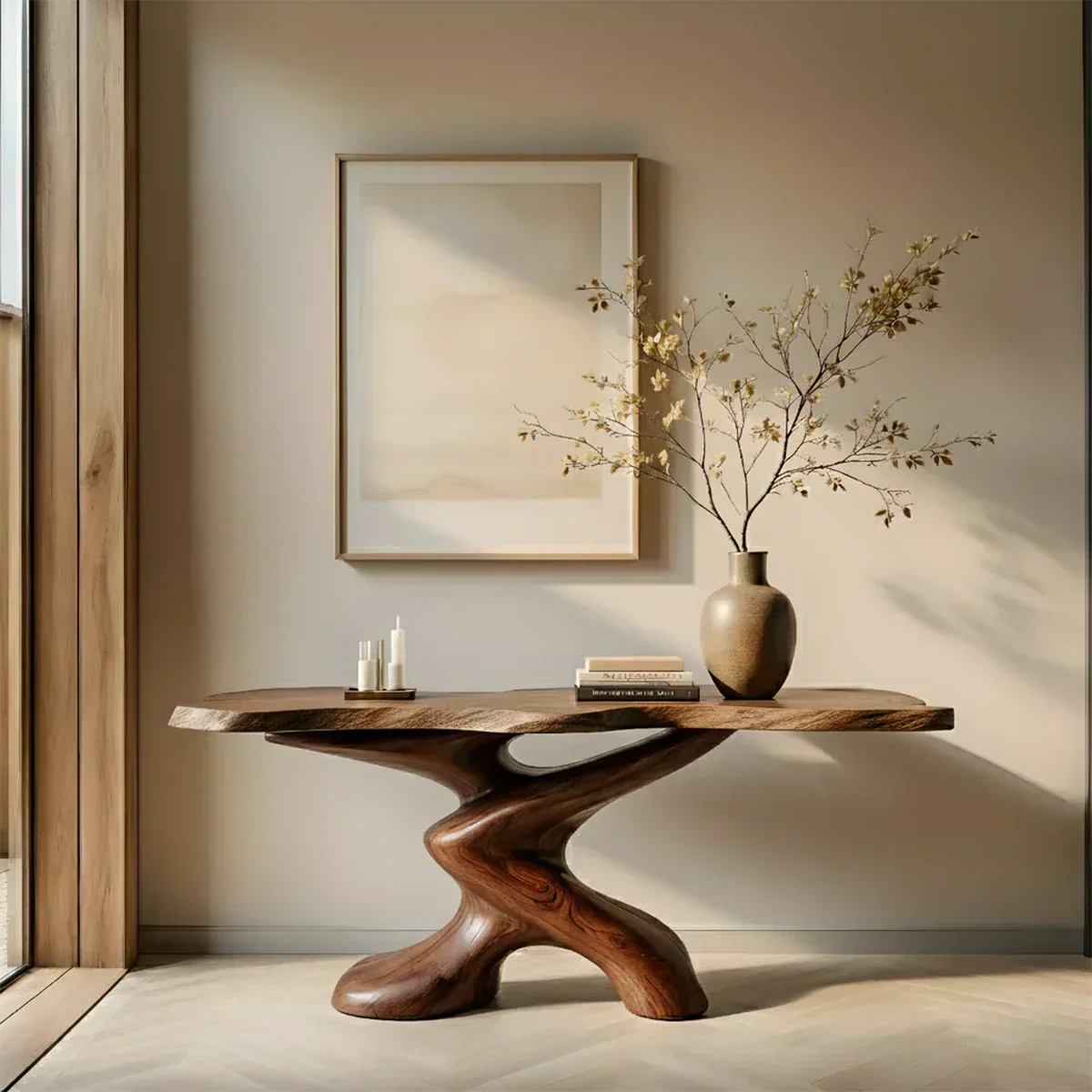 Sculptural Solid Wood Console Table — Organic Japandi Entryway Art Piece - Rustiracraft