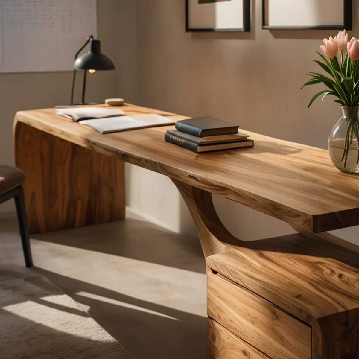 Sculptural Solid Wood Desk with Rustic Curved Base & Storage - Rustiracraft