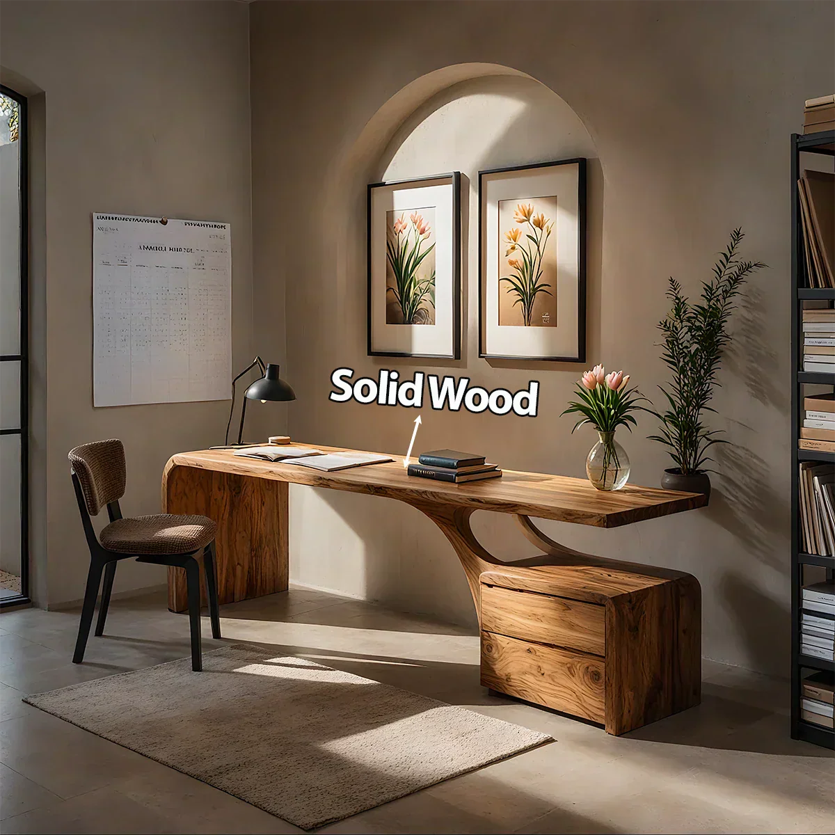 Sculptural Solid Wood Desk with Rustic Curved Base & Storage - Rustiracraft