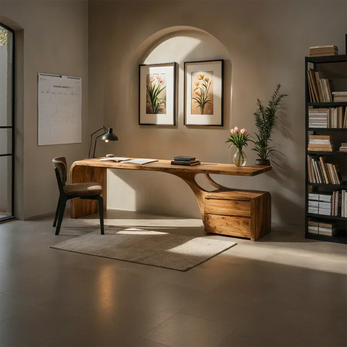 Sculptural Solid Wood Desk with Rustic Curved Base & Storage - Rustiracraft