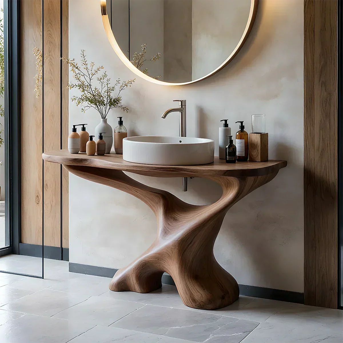 Sculptural Solid Wood Pedestal Vanity – Modern Bathroom Sink Stand - Rustiracraft