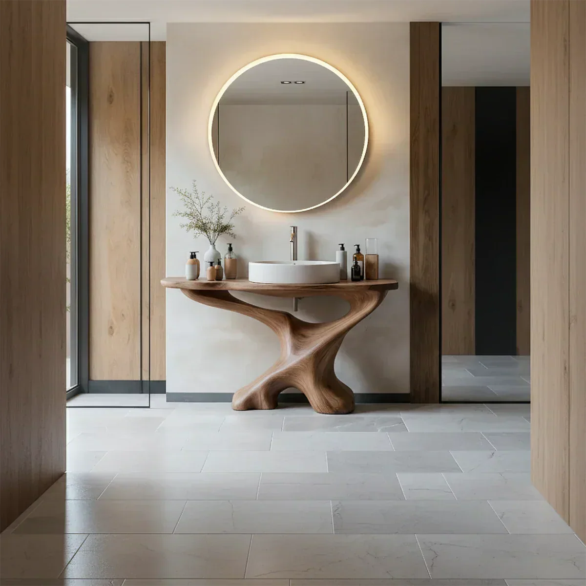 Sculptural Solid Wood Pedestal Vanity – Modern Bathroom Sink Stand - Rustiracraft