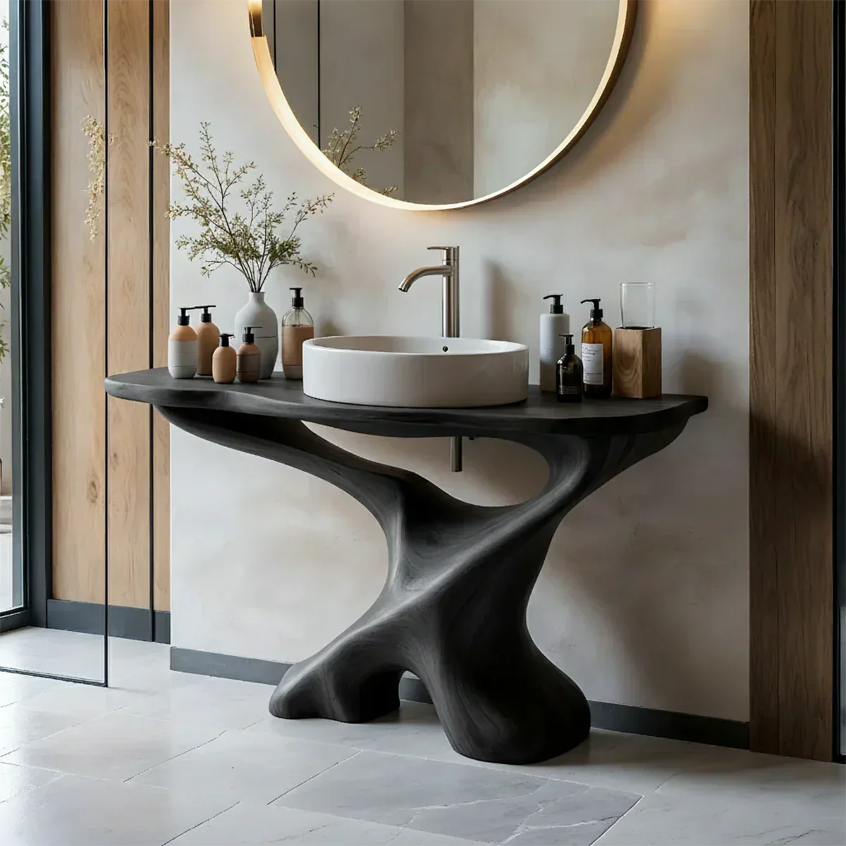Sculptural Solid Wood Pedestal Vanity – Modern Bathroom Sink Stand - Rustiracraft