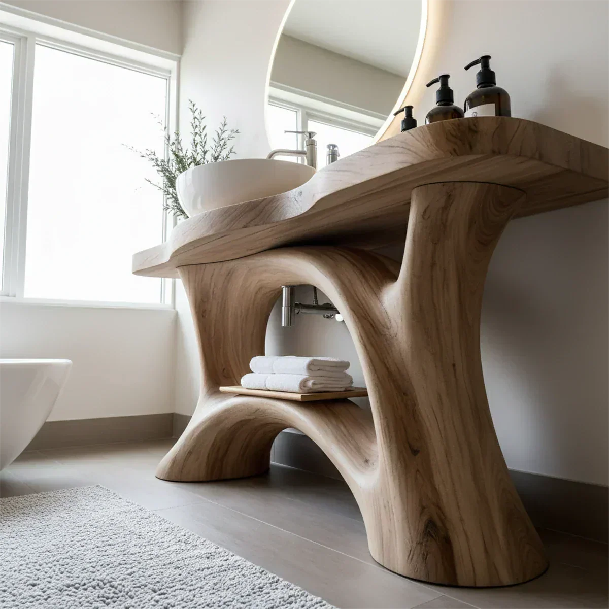 Sculptural Solid Wood Vanity with Organic Arched Base - Rustiracraft