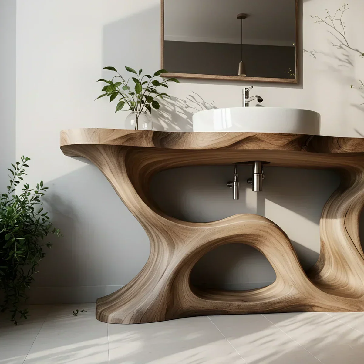 Sculptural Solid Wood Vanity with Organic Loop Base - Rustiracraft