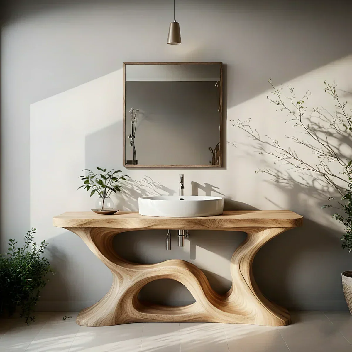 Sculptural Solid Wood Vanity with Organic Loop Base - Rustiracraft