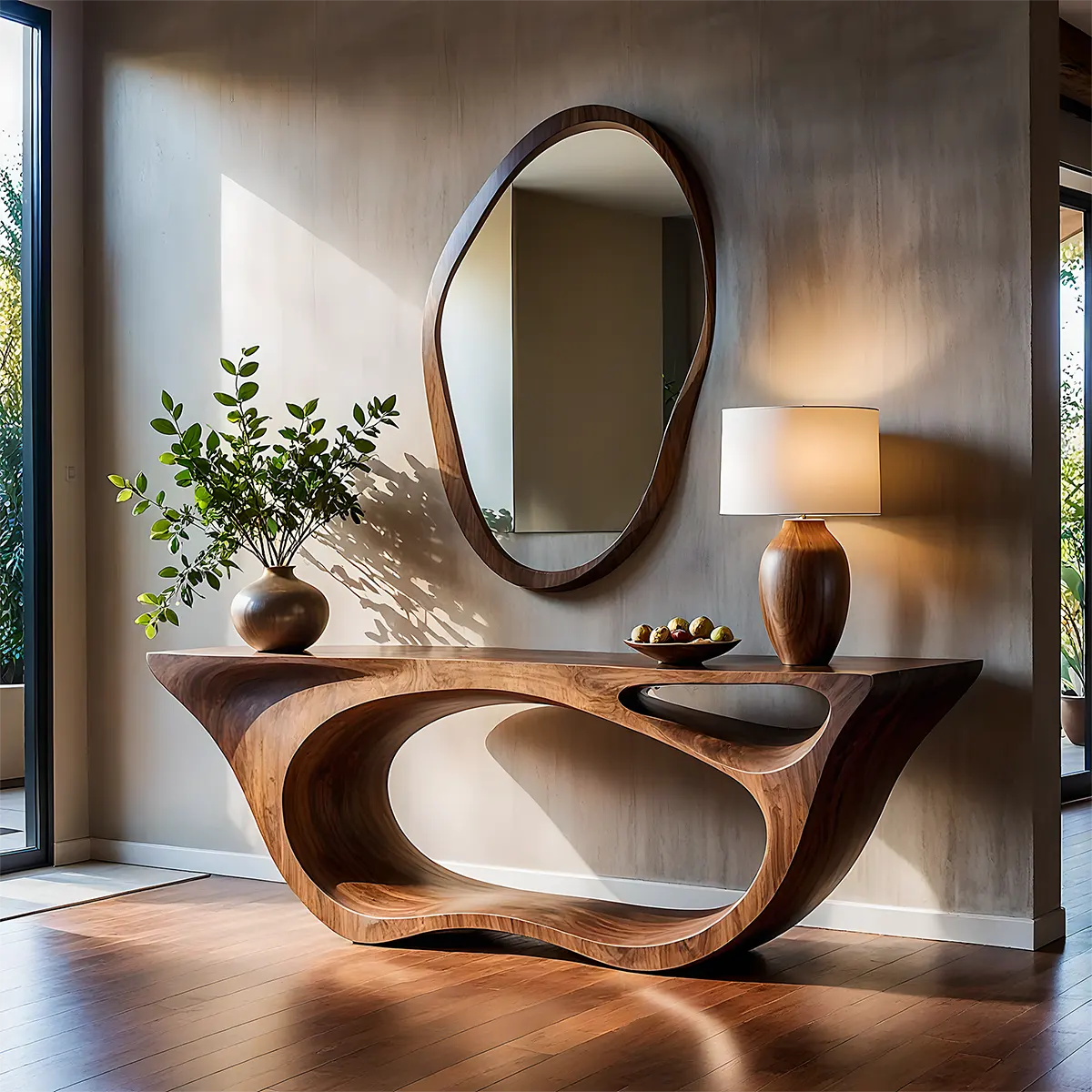 Sculptural Walnut Console Table – Double Loop Wood Design - Rustiracraft