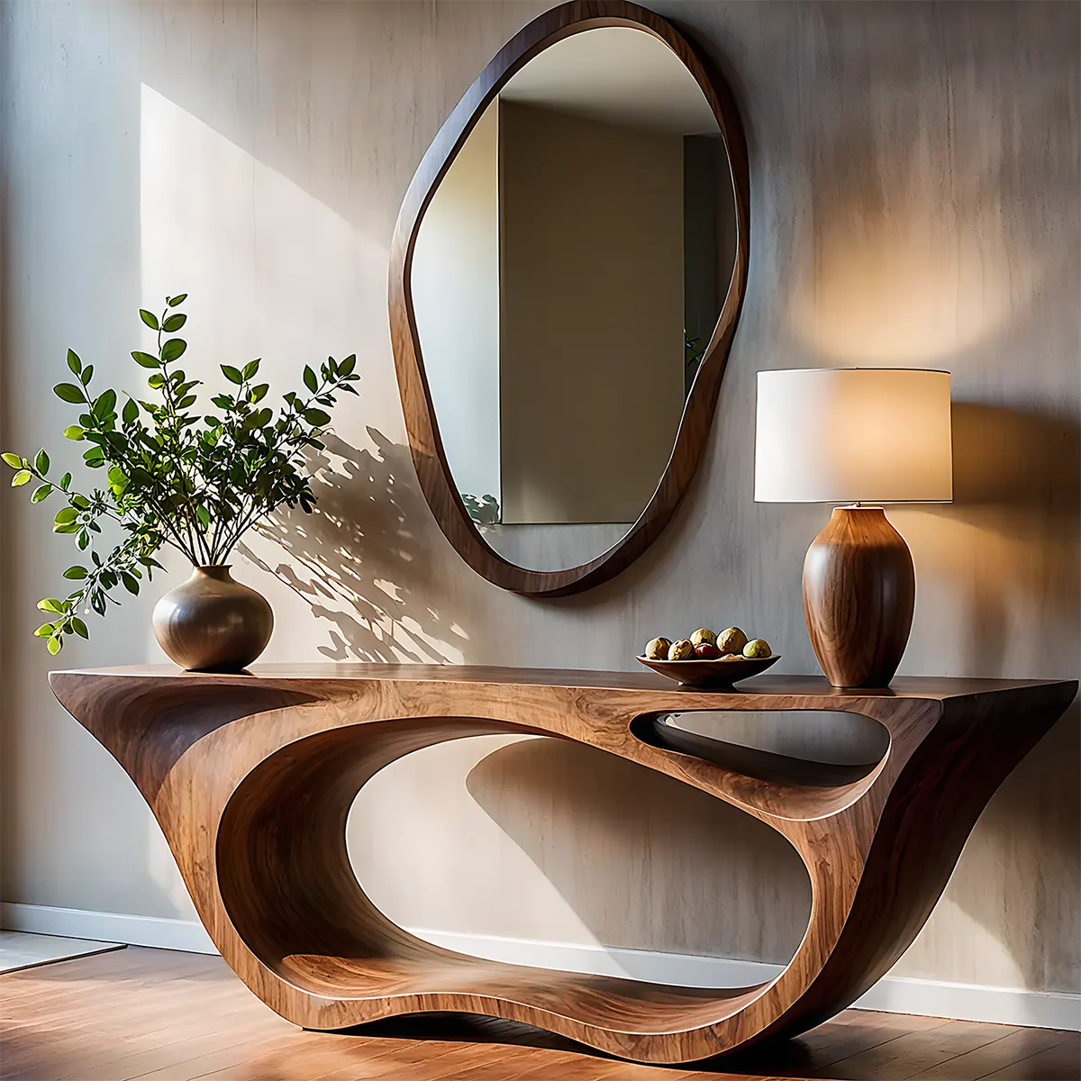 Sculptural Walnut Console Table – Double Loop Wood Design - Rustiracraft