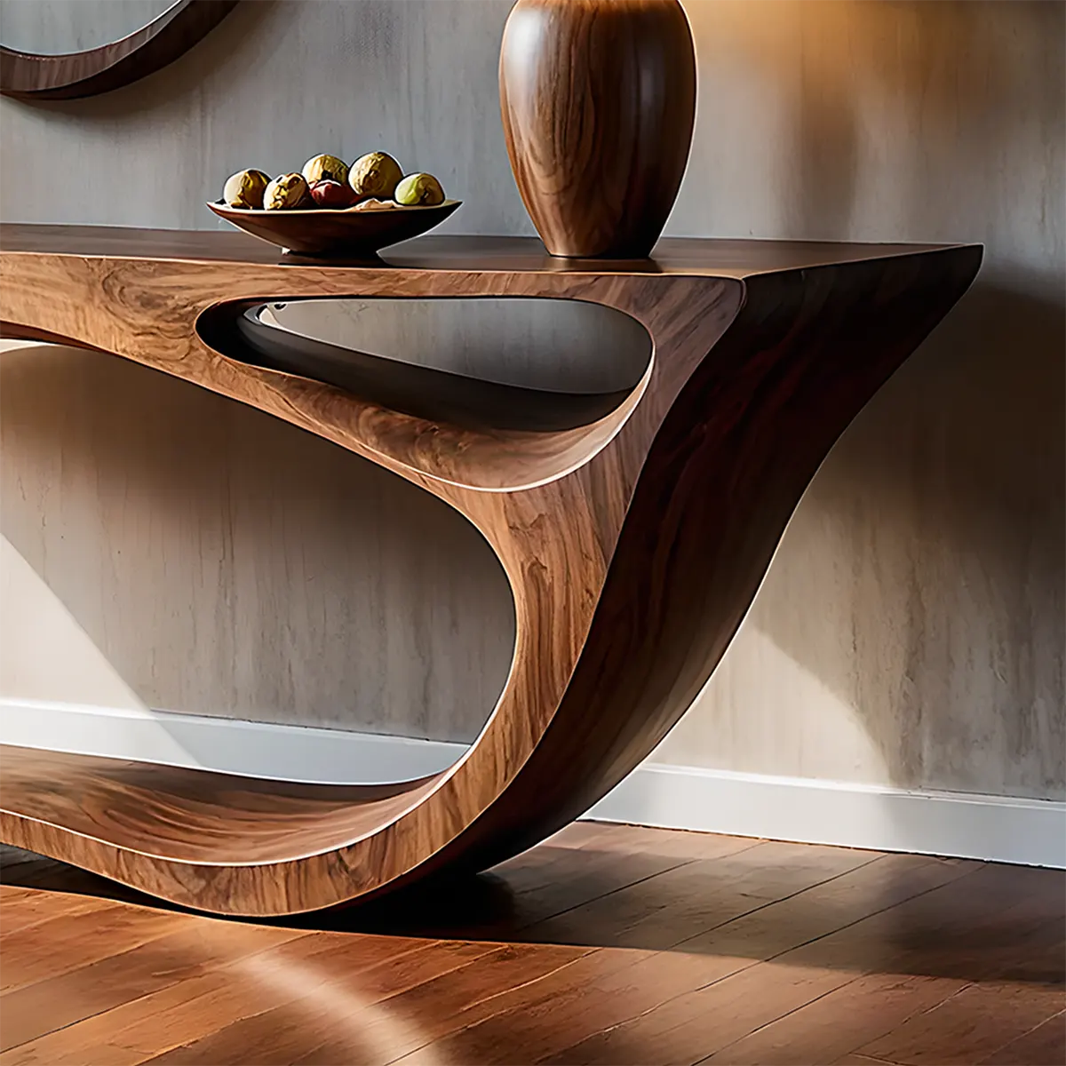 Sculptural Walnut Console Table – Double Loop Wood Design - Rustiracraft
