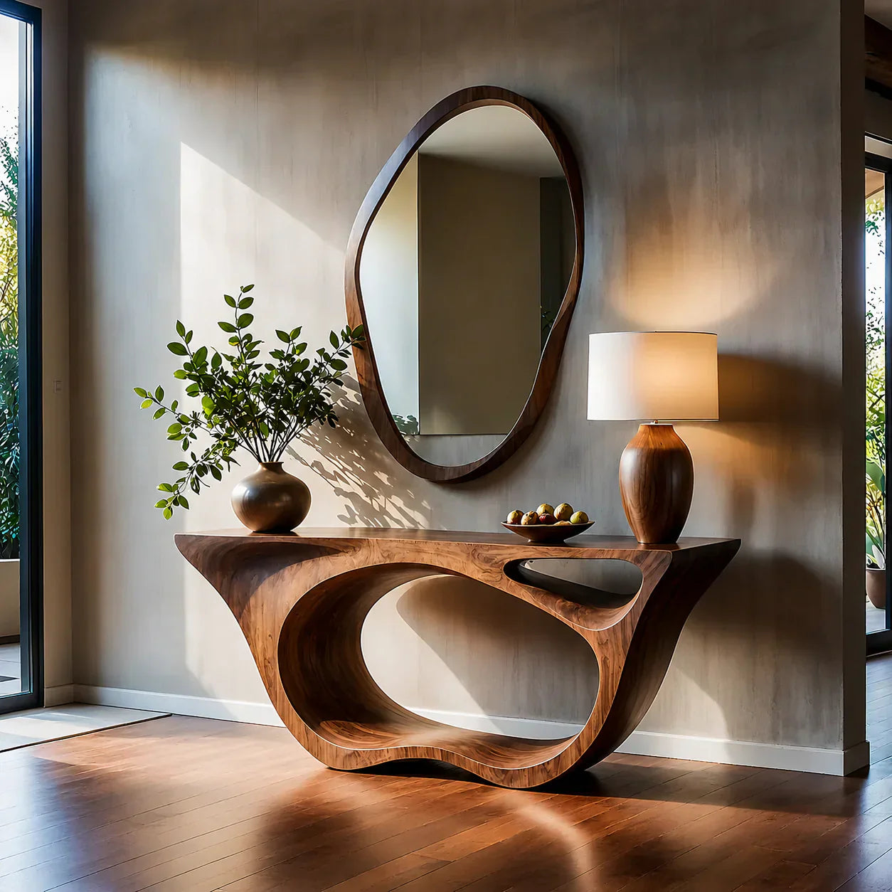Sculptural Walnut Finish Console Table – Double Loop Wood Design - Rustiracraft