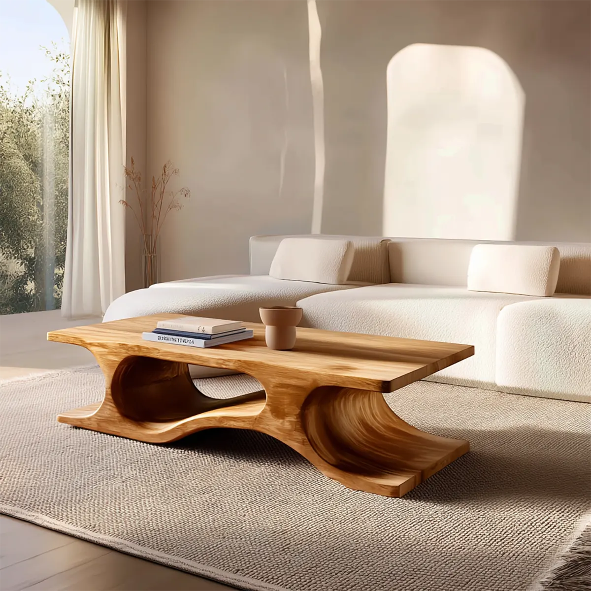 Sculptural Wave Base Coffee Table in Organic Natural Solid Wood - Rustiracraft