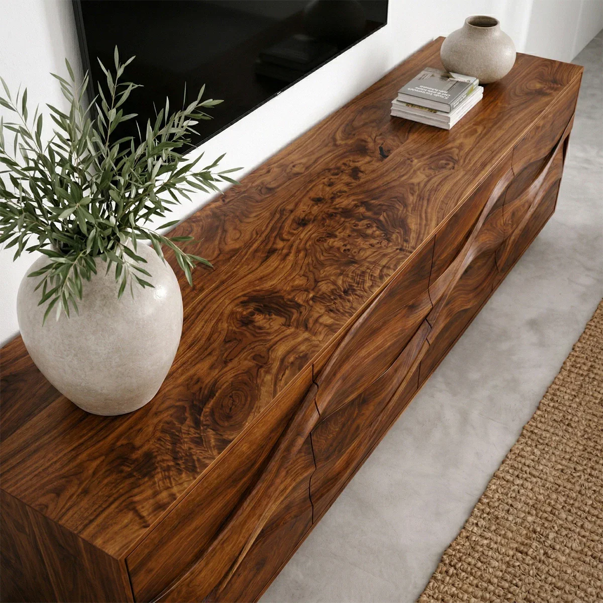 Sculptural Wave Front Solid Wood TV Stand with Storage Cabinets - Rustiracraft