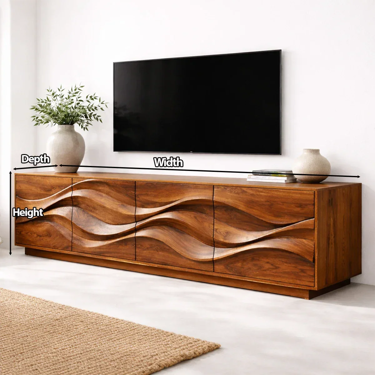 Sculptural Wave Front Solid Wood TV Stand with Storage Cabinets - Rustiracraft