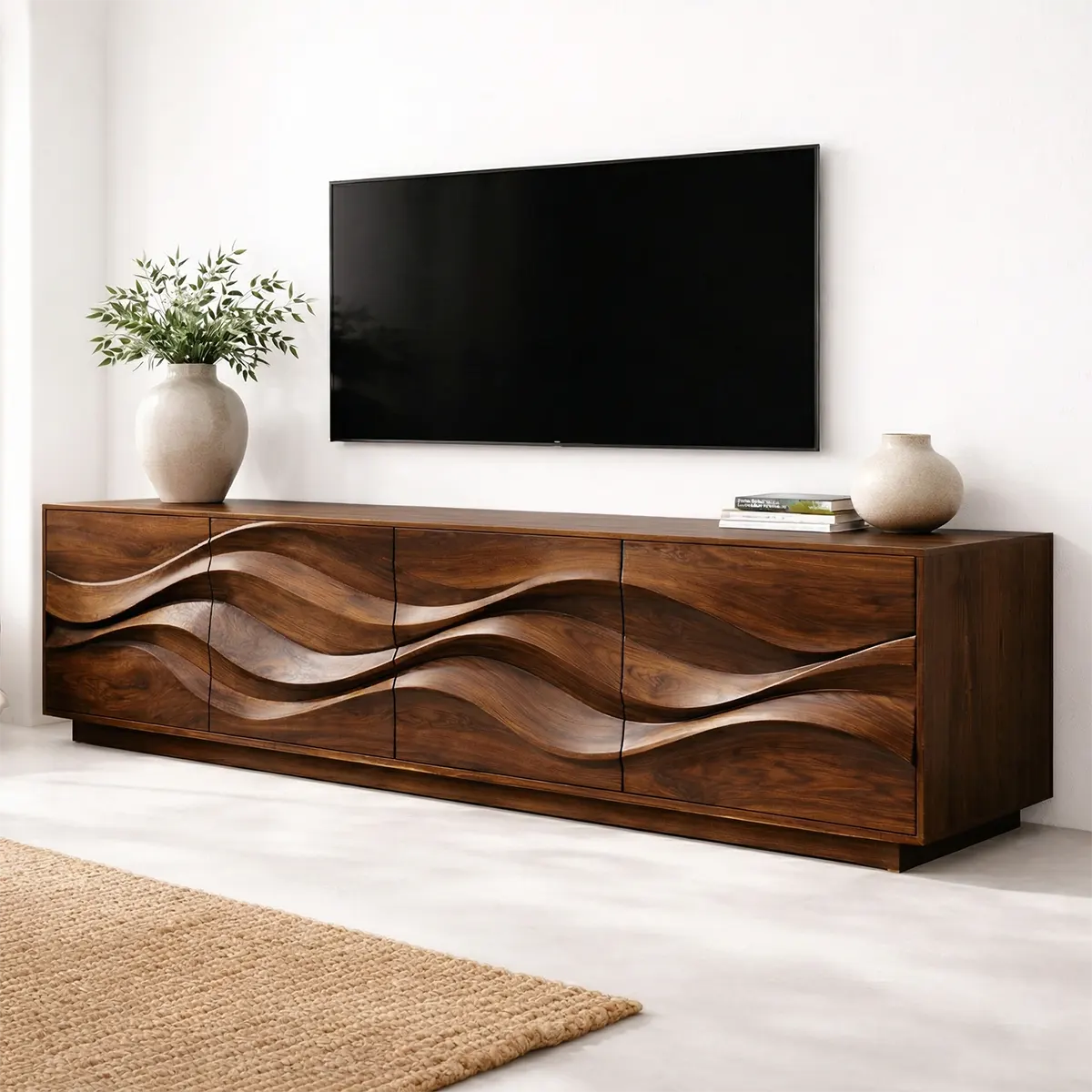 Sculptural Wave Front Solid Wood TV Stand with Storage Cabinets - Rustiracraft