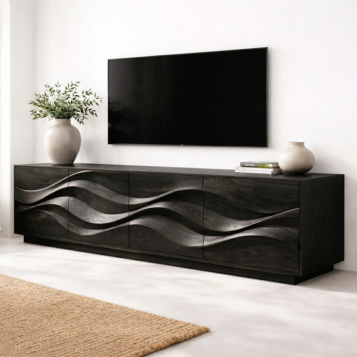 Sculptural Wave Front Solid Wood TV Stand with Storage Cabinets - Rustiracraft