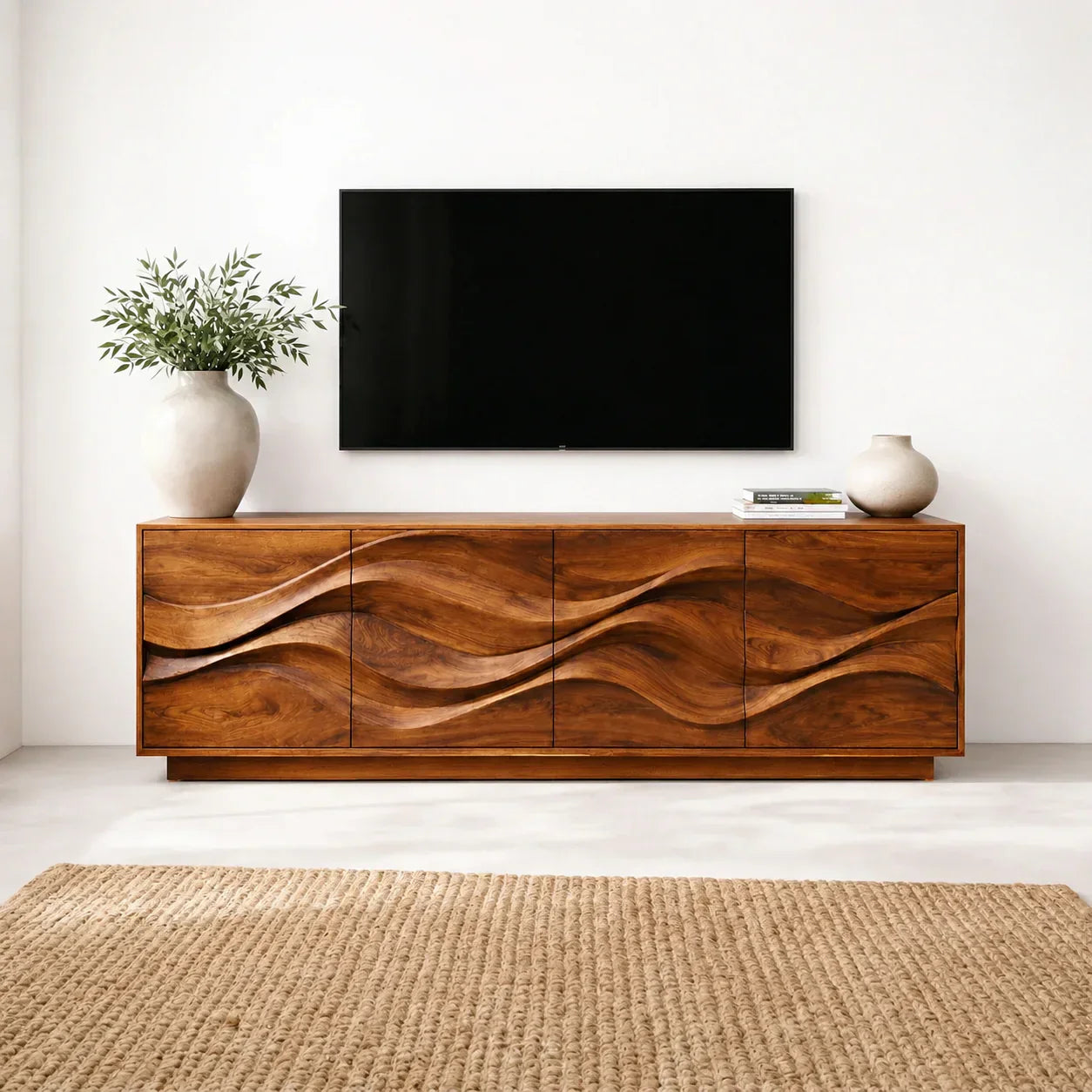 Sculptural Wave Front Solid Wood TV Stand with Storage Cabinets - Rustiracraft